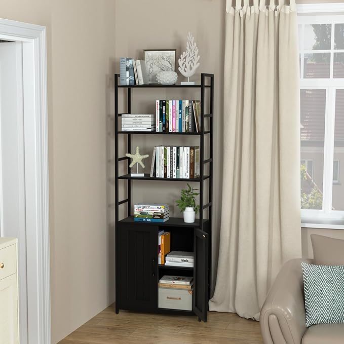 Black Bookshelf with Doors,70" Tall Bookcase with Storage Cabinet,6 Tier Book Shelf for Living Room/Bedroom/Office/Kitchen,70"(H)*26"(L)*11.8"(W)