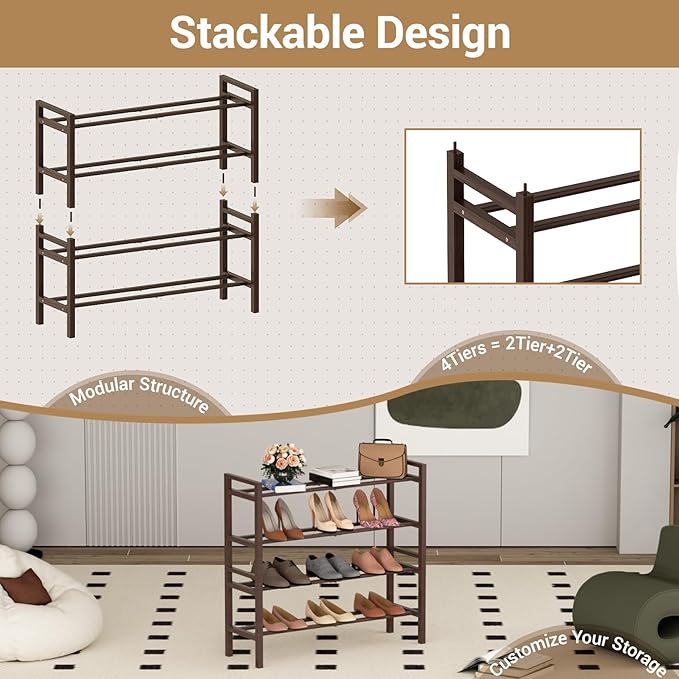 Haddockway Bamboo Shoe Rack for Closet, Free Standing Shoe Organizer with Smooth Round Rods & Convenient Handles, Stackable Shoe Storage Shelf for Entryway, Hallway(Brown, 4-Tier)