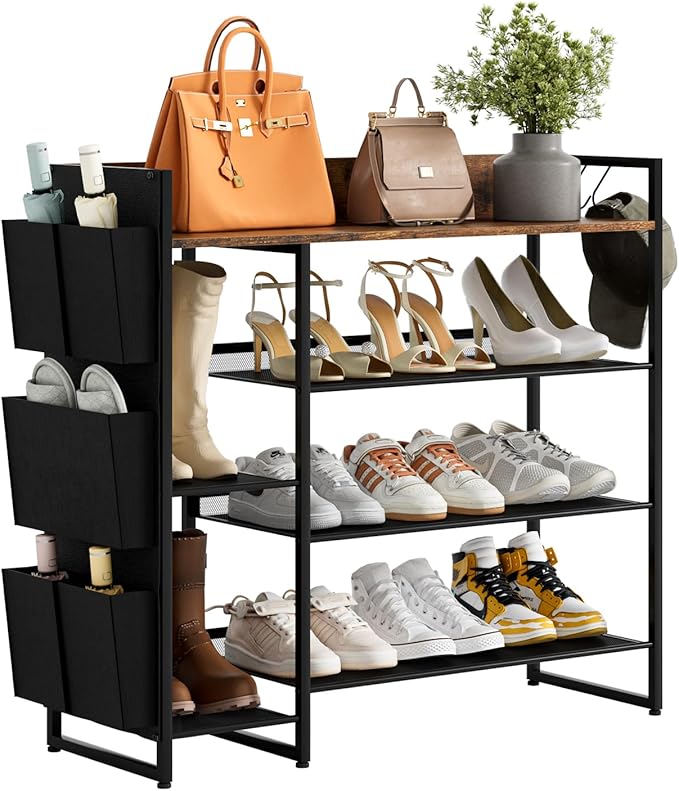 Shoe Racks Bench,Shoe Organizer with Bench for Closet- Free Standing Boot and Shoe Rack with Storage Bag for High Heels, Entryway, Hallways, Closets, Dormitory Rooms,Brown 4-Tier
