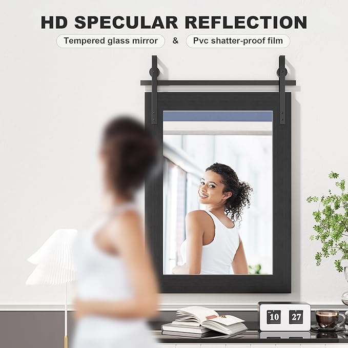 Hasipu Farmhouse Bathroom Mirror, 24"x36" Rustic Wood Framed Wall Mounted Mirror, Black Vintage Vanity Mirror Barn Door Style Decrative Mirrors