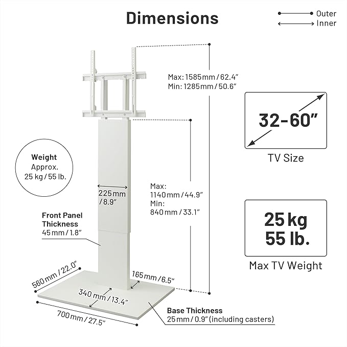 WALL V2 Caster High Type | Minimalist Rolling TV Stand for 32–60 Inch | Satin White | Portable, Space Saving, Height Adjustable, No Drill | for Living Room and Bedroom | Japanese Design & Engineering