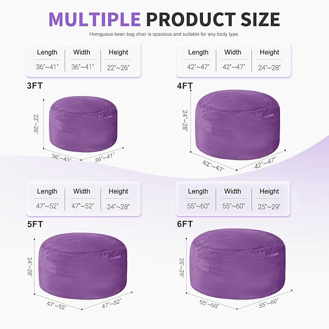 Homguava 5 FT Bean Bag Chair: 5' Bean Bags with Memory Foam Filled, Large Beanbag Chairs Soft Sofa with Dutch Velvet Cover-Purple