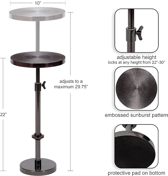 Kate and Laurel Engles Transitional Adjustable-Height Pedestal Drink Table; 10 x 10 x 30; Gray Gunmetal; Vintage Round Indoor Metal Plant Stand with Embossed Sunburst Pattern