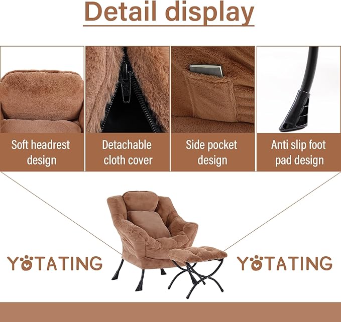Lazy Chair with Ottoman, Comfy Reading Lounge Chair with Footstool & Throw Pillow Modern with Armrests & Side Pocket for Living Room, Bedroom, Dorm Room, Plush Brown