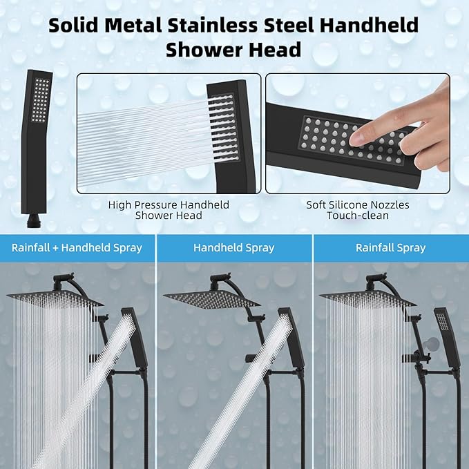 Hibbent All Metal 12'' Rainfall Shower Head, Dual Shower Head Combo, High Pressure Handheld Shower Wand, 16'' Adjustable Arc-shaped Shower Extension Arm, 71'' Hose, Showerhead Holder, Matte Black