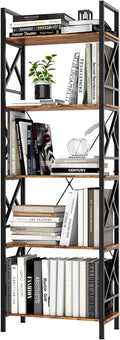 72"H 5-Tier Bookshelf: MDF Wood & Steel Shelves with 500lbs,Tall Narrow Adjustable-Shelf Bookcase.Bookshelves Storage Organizer, Industrial Display Standing Shelf Unit for Living Room/bedroom/Office