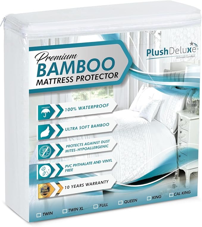 PlushDeluxe Premium Bamboo Mattress Protector – Twin XL Size, Waterproof, & Ultra Soft Breathable Noiseless Washable Bed Mattress Cover for Comfort & Protection - White