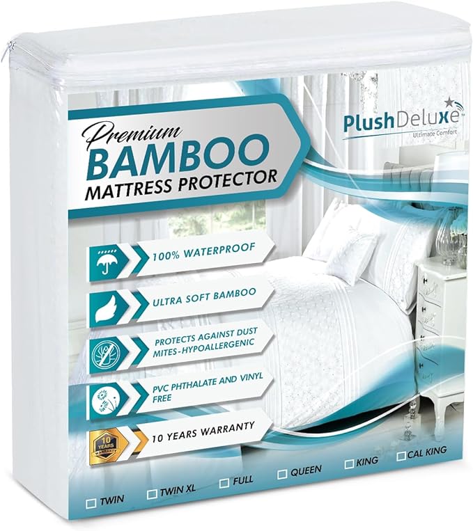 PlushDeluxe Premium Bamboo Mattress Protector – Twin Size, Waterproof, & Ultra Soft Breathable Noiseless Washable Bed Mattress Cover for Comfort & Protection - White