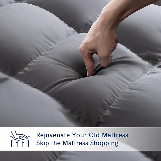 ELEMUSE RV Short Queen Grey Mattress Topper for Back Pain, Extra Thick Mattress Pad Cover, Plush Soft Pillowtop with Elastic Deep Pocket, Overfilled Down Alternative Filling