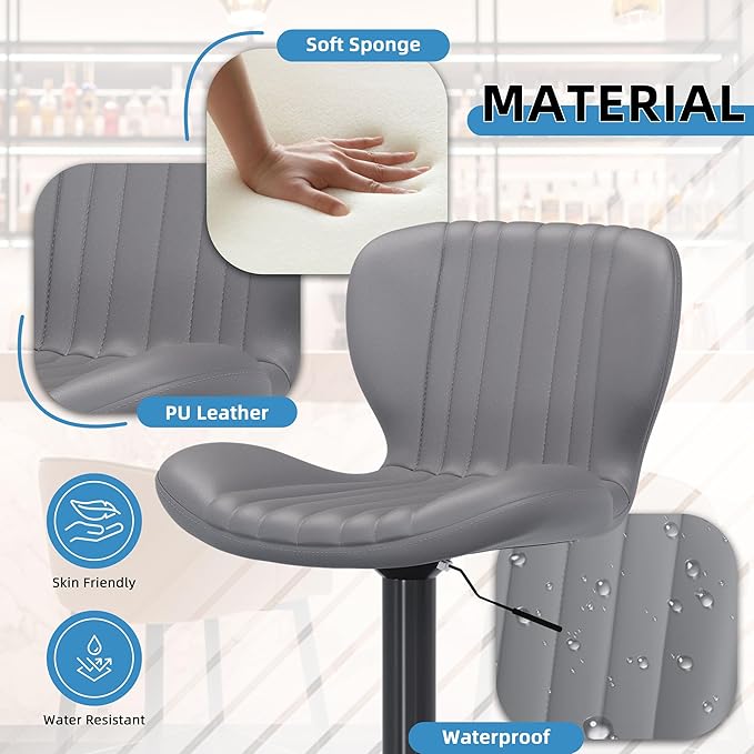 Shintenchi Bar Stools Set of 6 Modern Swivel Bar Chairs, Counter Height Faux Leather Metal Barstools, Upholstered Island Chairs with Back and Footrest, Gray
