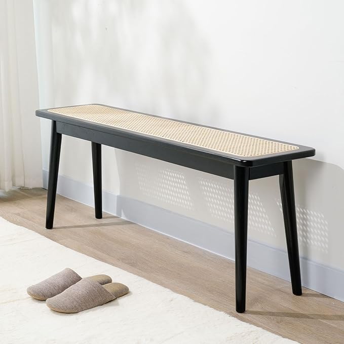 Entryway Bench, Solid Wood Kitchen Dining Bench, Mid Century Modern End of Bed Bench with Rattan Woven Top for Bedroom, Dining Room, Entry Way, 39.4" L x 11.2" W x 17.7" H, Black