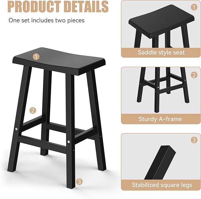 Bar Stools Set of 2, Waterproof UV-Resistant,Durable Resin Kitchen Island Chairs for Indoor & Outdoor Use, Modern Design for Home,Bar,and Cafe (24“)