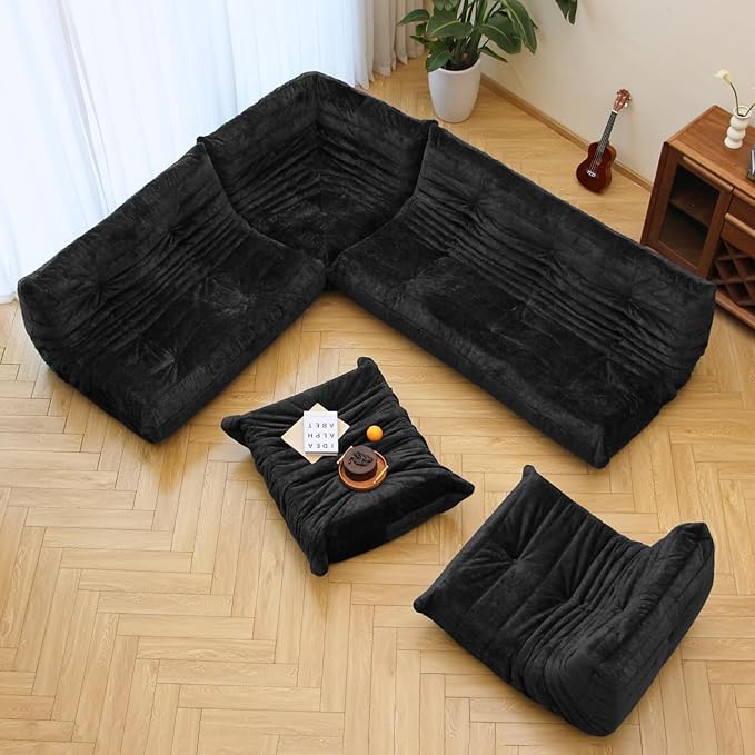 N&V Fireside Chair, Mid Century Armless Floor Sofa, Soft Premium Chenille Floor Lounge Chair, Foam Sofa Accent Chair for Living Room Bedroom and Office (Black, Single)