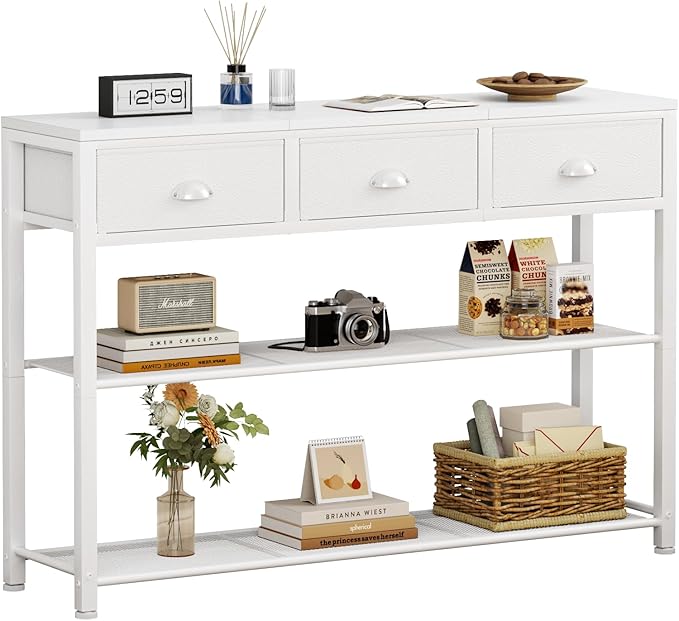 Furologee White Entryway Table, 38'' Console Sofa Table with 3 Fabric Drawers, Industrial Entry Way Table with Storage Shelves, Display Shelf for Living Room, Hallway, Entrance, Foyer