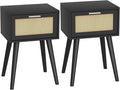 LAATOOREE Nightstand Set of 2, Small End Table with Rattan Door, Bedside Table with Solid Wood Feet, Boho Side Table for Bedroom Living Room Small Space - Black