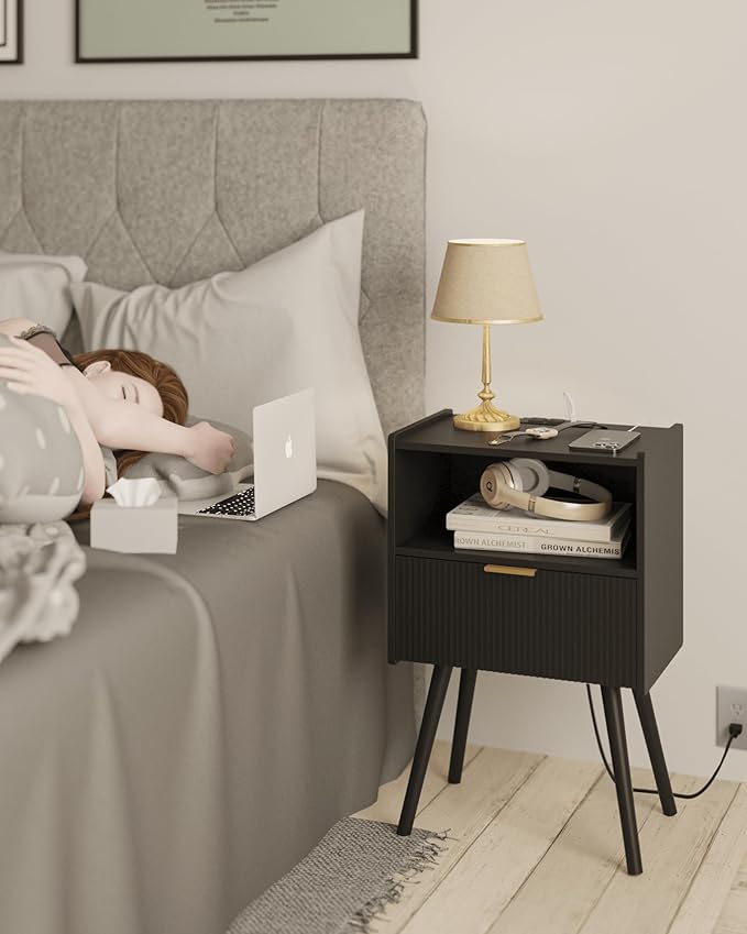 Black Nightstand with Outlet,Modern Bedside Table with Storage Drawer and Open Wood Shelf, for Living Room, Bedroom and Small Spaces, Accent Night Stand with Solid Wood Legs, Easy Assembly