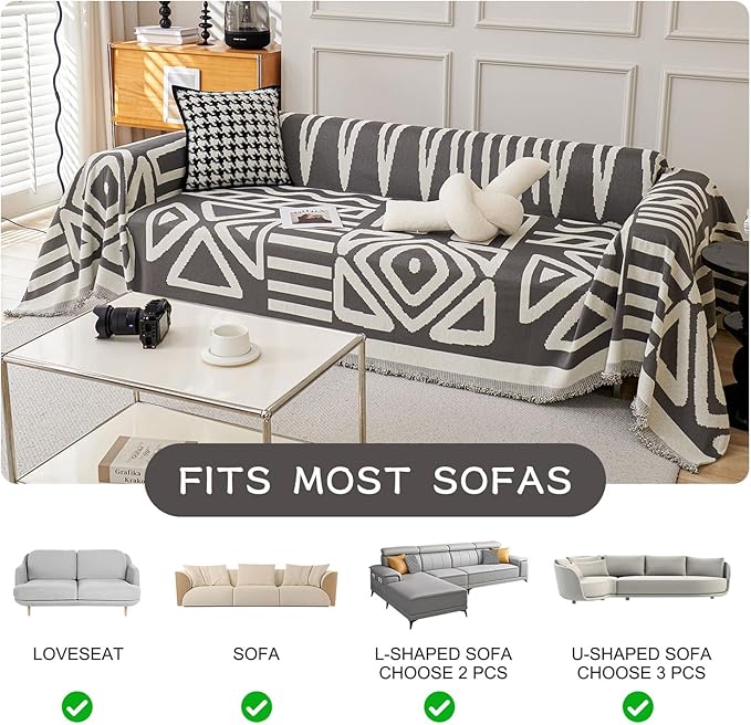 STACYPIK Modern Dark Grey Couch Cover, Boho Chenille Sofa Covers for Loveseat, Reversible Non Slip Triangle Pet Protector for 3 Cushion Couch Washable Sectional Couch Cover for L-Shaped-71X150IN