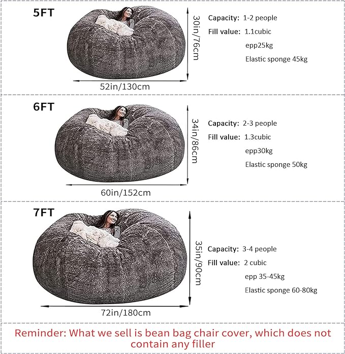 Giant Fur Bean Bag Chair Cover for Kids Adults, (No Filler) Living Room Furniture Big Round Soft Fluffy Faux Fur Beanbag Lazy Sofa Bed Cover (Light Grey, 7FT)