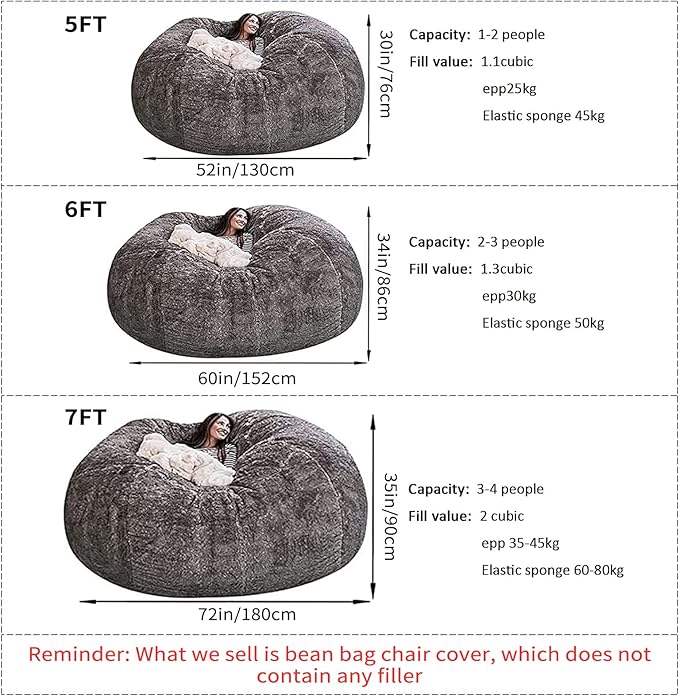 Giant Fur Bean Bag Chair Cover for Kids Adults, (No Filler) Living Room Furniture Big Round Soft Fluffy Faux Fur Beanbag Lazy Sofa Bed Cover (Light Pink, 7FT)