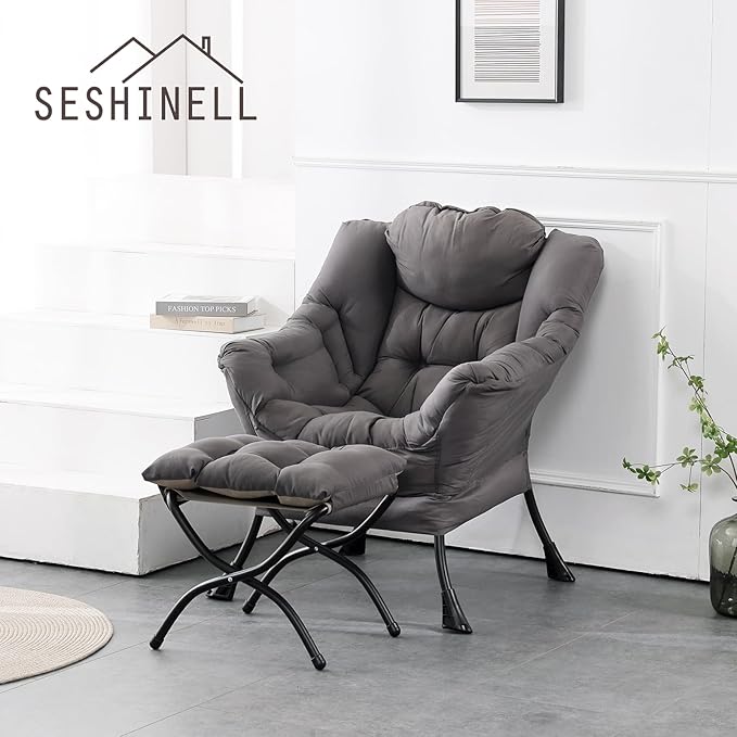 Lazy Chair with Ottoman, Modern Accent Chair Contemporary Lounge Leisure Sofa Chair with Armrests, Reading Chair and Folding Footstool Set for Living Room, Bedroom, Office, Dark Grey