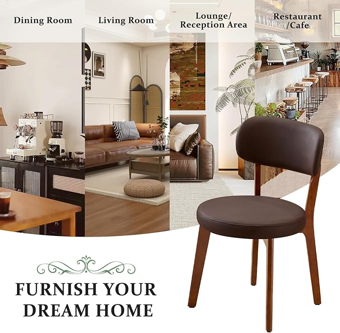 Furniliving Wooden Dining Chairs Set of 4, Mid-Century Modern Leather Upholstered Kitchen Chair with Solid Oak Wood, Farmhouse Dining Room Chairs, Brown