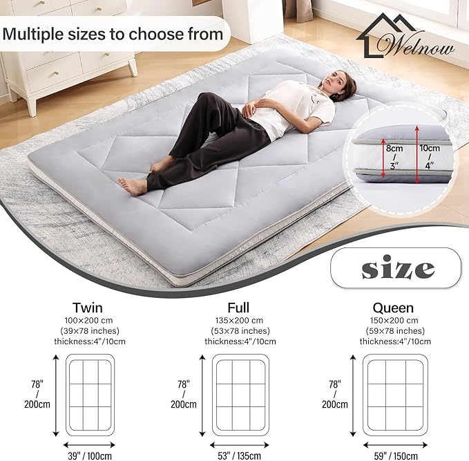 Welnow Japanese Futon Floor Mattress, Thick Queen Size Tatami Mat Portable & Foldable Roll Up Floor Bed Mattress with Storage Bag, Sleeping Pad for Adults, Dorm, Guest Bed, Camping and Travel, Grey