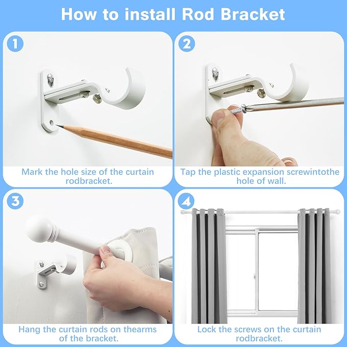 Curtain Rods for Windows 16 to 48 Inches, Curtain Rod Max Adjustable Length of 60 IN, 1" Diameter Drapery Rods Round Finials, White, Pack of 2