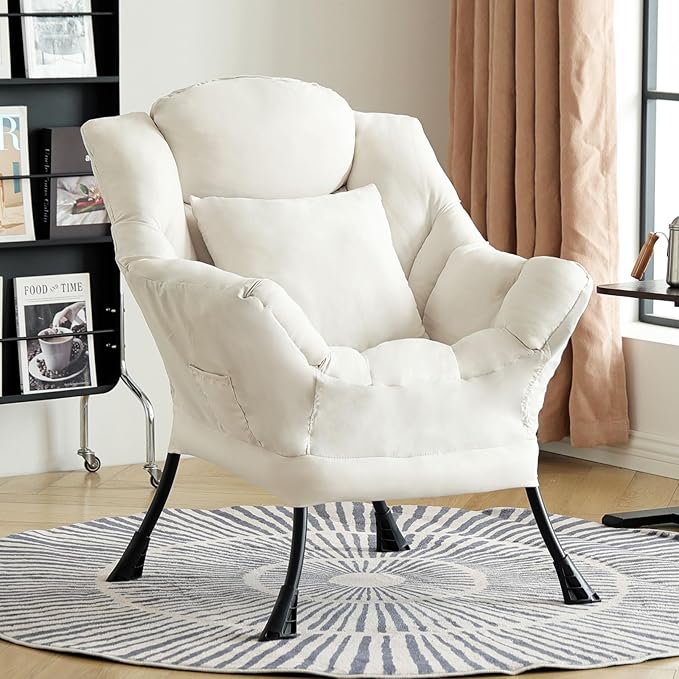 Lazy Chair with Pillow for Living Room, Modern Lounge Accent Chair with Armrests, Leisure Sofa Chair Set, Reading Chair for, Bedroom, Dorm Room, Office, Beige
