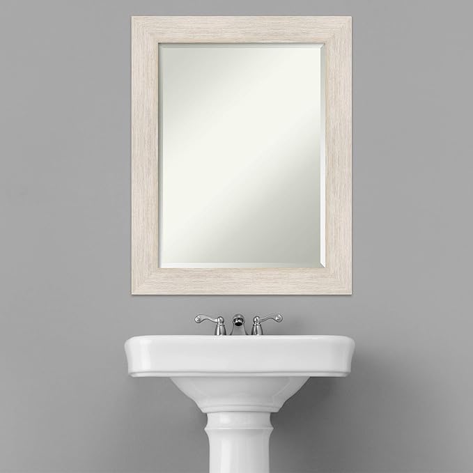 Amanti Art White Bathroom Mirror for Over Sink, 29x23 Hardwood White Wash Rectangle Vanity Mirror, Medium Rustic Farmhouse Wood Frame, Hangs Horizonally and Vertically, Bathroom Wall Decor, Beveled