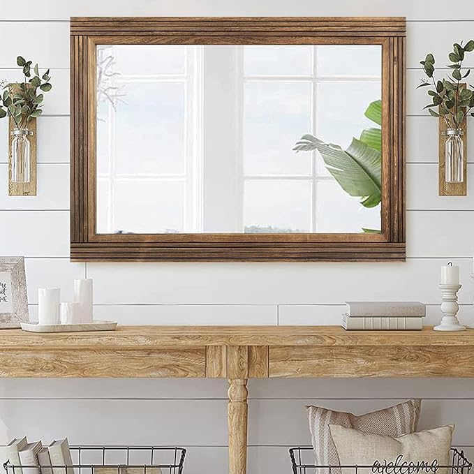 YOSHOOT Hand-Made Wooden Spliced Wall Mirror for Bathroom, Rustic Farmhouse Vanity Mirror, Décor Wall Art, Solid Wood Frame, Vertical or Horizontal Hanging, 60" x 30", Brown