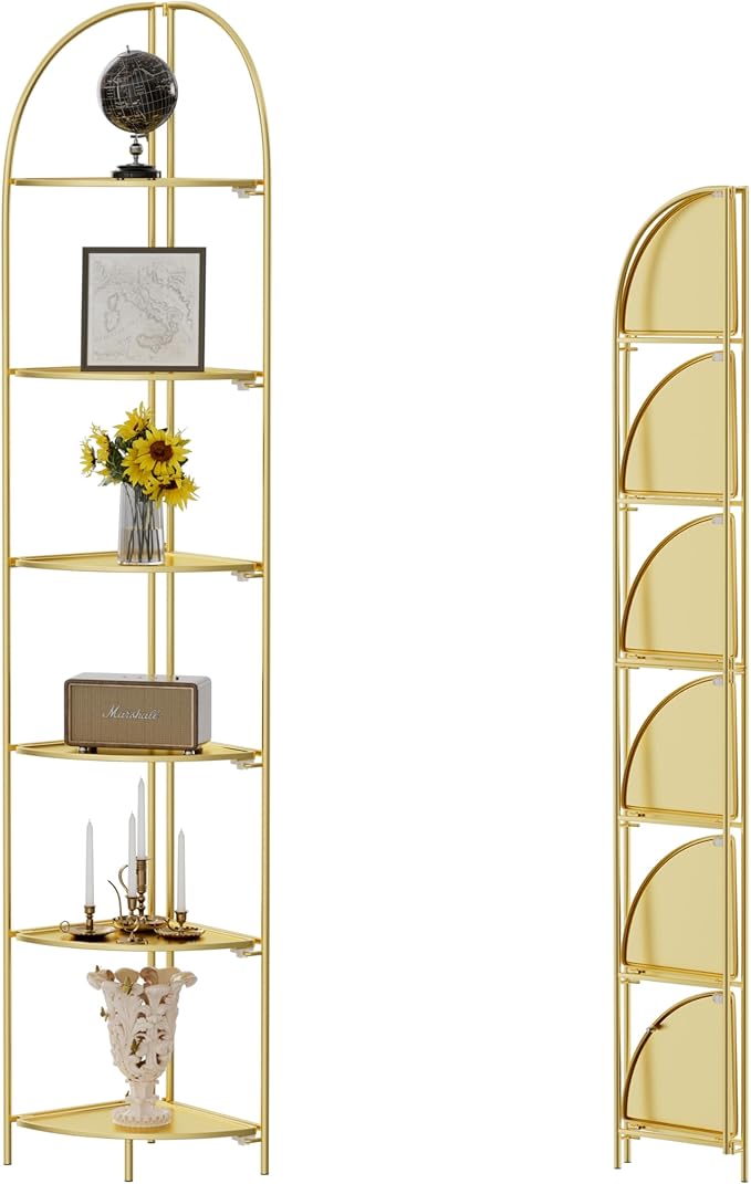 Crofy Foldable 6 Tier Corner Shelf, Metal Corner Plant Stand with Gold Frame and Gold Shelves, Corner Display Rack Multipurpose Shelving Unit for Living Room, Bedroom, Bathroom