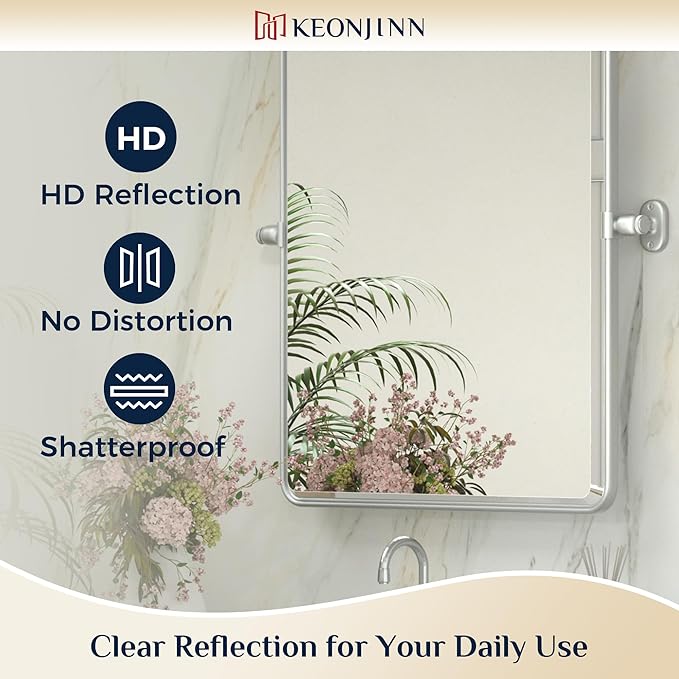 Keonjinn 20 x 30 Inch Tilt Mirror Bathroom, Satin Nickel Metal Pivot Mirror for Bathroom, Silver Beveled Fixed Tilt Mirrors for Over Sink, Modern Tilting Mirrors Wall Mounted (Horizontal/Vertical)