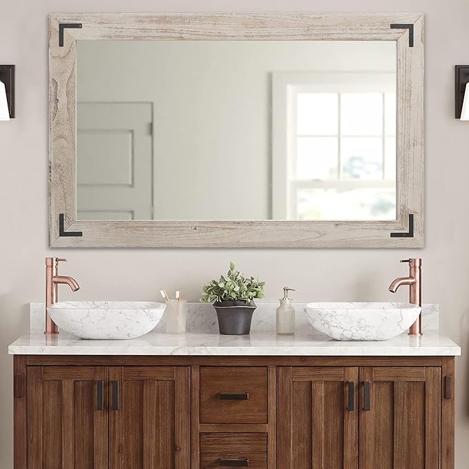 YOSHOOT Rustic Wooden Framed Wall Mirror, Natural Wood Bathroom Vanity Mirror for Farmhouse Decor, Vertical or Horizontal Hanging, 60" x 36", Grey