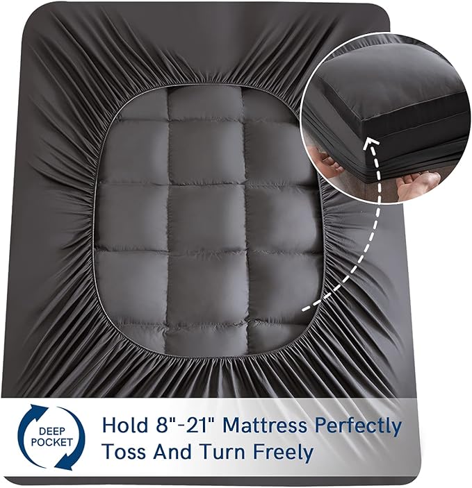 ELEMUSE Full Grey Mattress Topper for Back Pain, Extra Thick Mattress Pad Cover, Plush Soft Pillowtop with Elastic Deep Pocket, Overfilled Down Alternative Filling