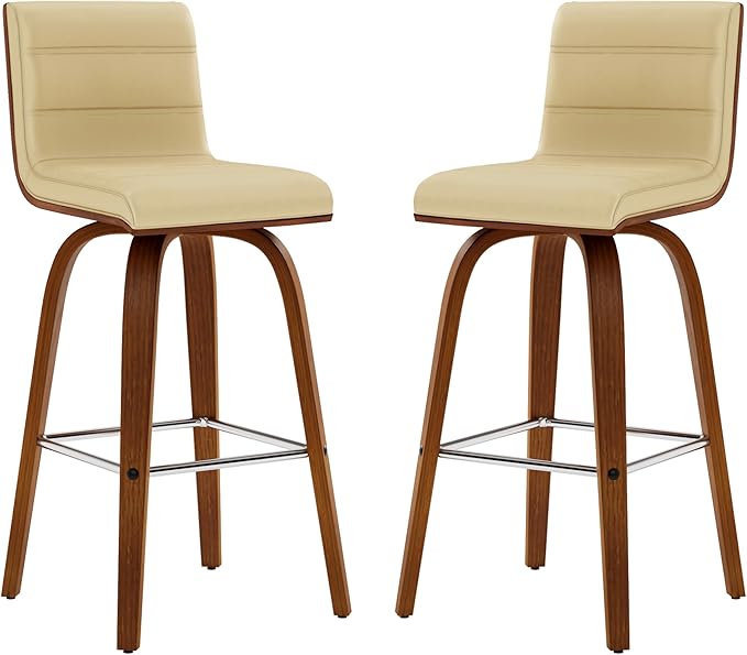 Armen Living Vienna 26" Swivel Counter Stool in Walnut Wood Finish with Cream Faux Leather - Set of 4