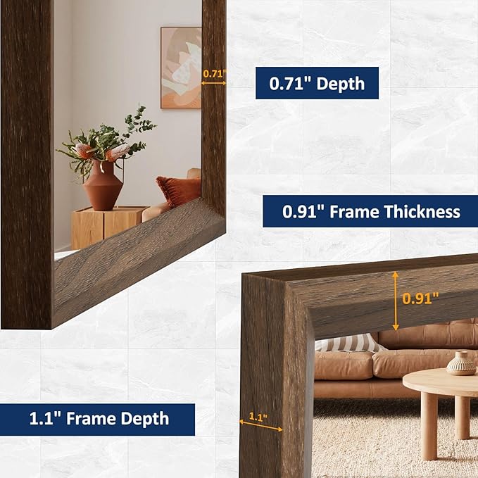 WEER Walnut Framed Mirror for Bathroom, 55x30 Inch Wall Mounted Mirror, Wood Grain Framed Vanity Mirror, Farmhouse Bathroom Mirror, Tempered Glass, Vertically or Horizontally, Anti-Rust