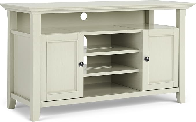 SIMPLIHOME Amherst 54-inch Wide Solid Wood TV Stand in Antique White, Transitional-Style Media Console for Living Room with Adjustable Shelves and Cable Management