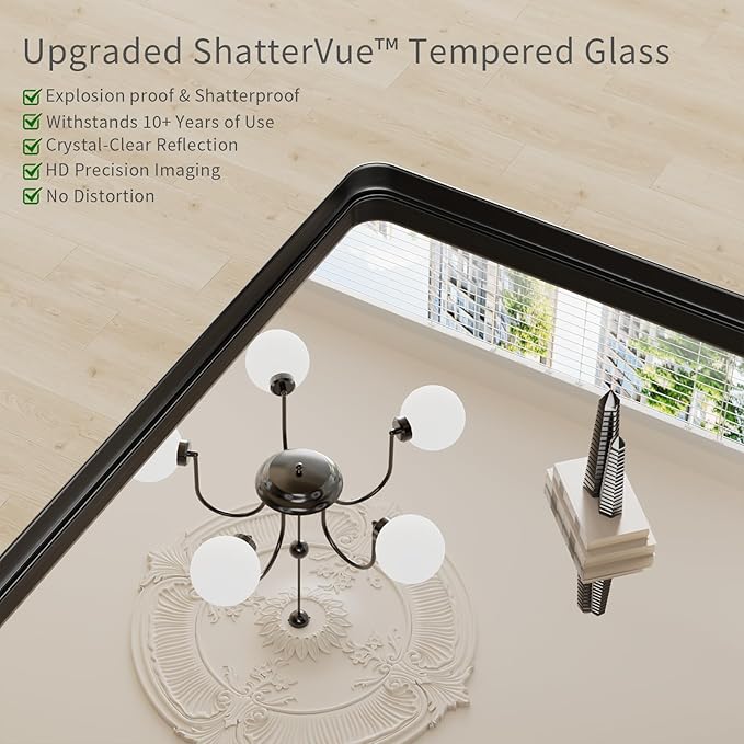 Koonmi Black Wall Mirror for Bathroom, 36x55 Inch Matte Deep Framed Rounded Rectangle Vanity Mirror for Farmhouse Living Room, Tempered Glass, Anti-Rust, Vertically or Horizontally