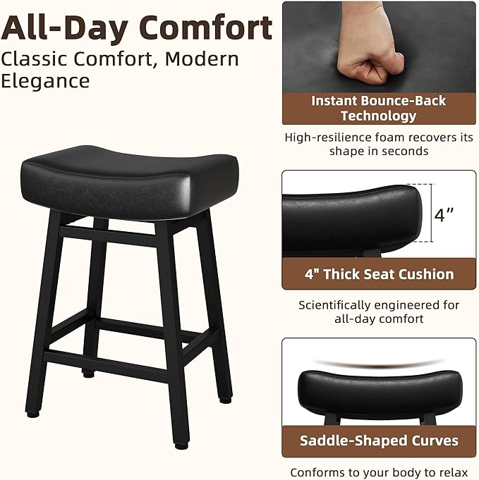 Counter Height Bar Stools Set of 6, 24 Inch Backless BarStools for Kitchen Island Leather Saddle Bar Chairs Kitchen Stools with 4" Thick Seats & Heavy Duty Metal Base, Black