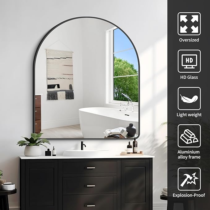 FORBATH Arched Mirror 36x40 Inch, Black Arched Mirror Wall Mounted Modern Black Aluminum Frame Decor Large for Dresser Bedroom Living Room Entryway, Hanging or Leaning Against Wall