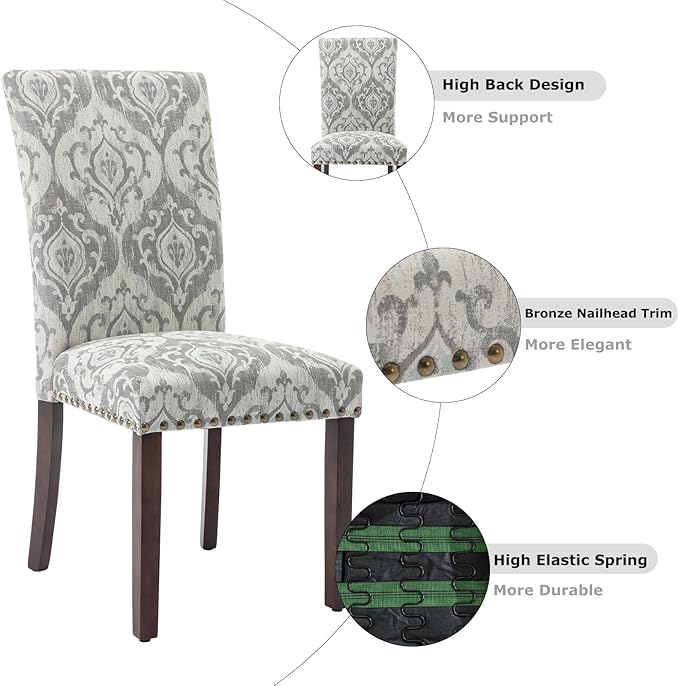 COLAMY Upholstered Parsons Dining Chairs Set of 4, Fabric Dining Room Kitchen Side Chair with Nailhead Trim and Wood Legs - Grey/White Flower