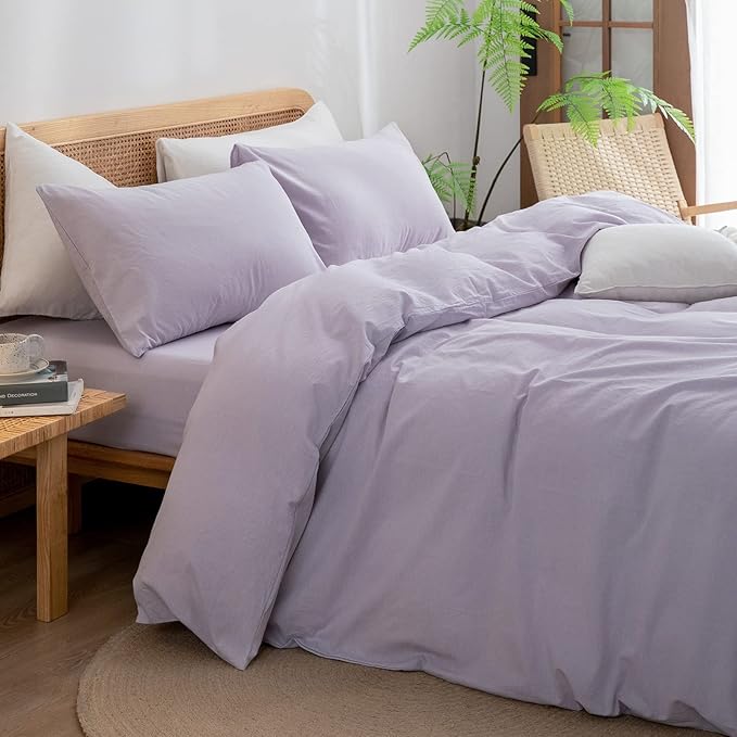 BESTOUCH Duvet Cover Set 100% Washed Cotton Linen Feel Super Soft Comfortable Chic Lightweight 3 PCs Home Bedding Set Solid Taro Purple Cal King