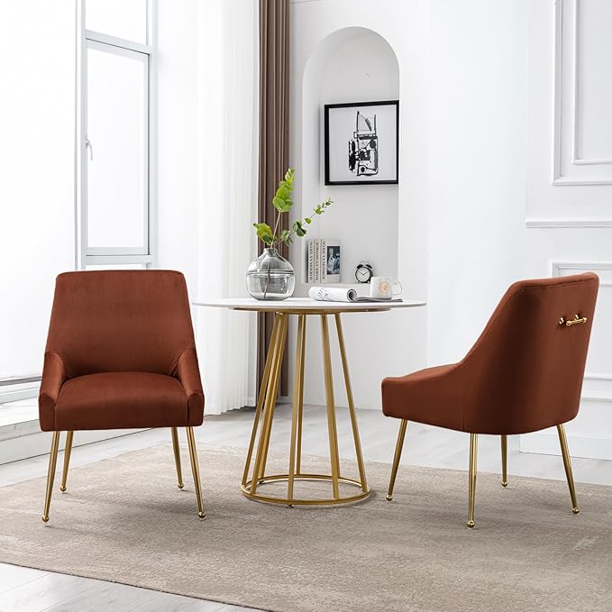 Modern Velvet Dining Chairs Set of 2, Contemporary Upholstered Furniture Collection with Polished Gold Metal Legs, Elegant Accent Chairs for Kitchen Living Room(Brown)