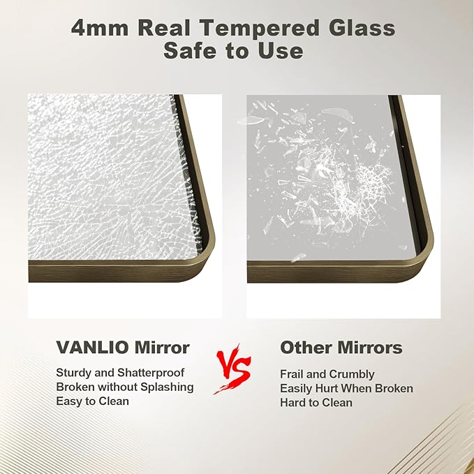 48x32 Bronze Framed Bathroom Mirror, Brushed Bronze Metal Vanity Mirror, Bronze Rectangle Mirror for Wall, Rounded Corner, Tempered Glass, Anti-Rust, Shatterproof (Horizontal/Vertical)