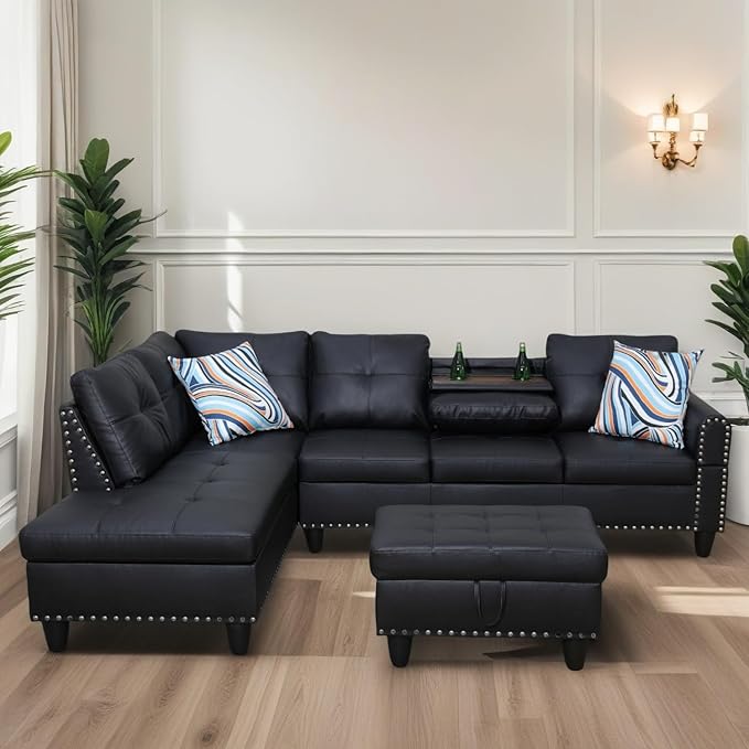 L Shaped Sectional Couches for Living Room, Modular 4 Seat Sofa with Ottoman Storage, Modern Couch with Chaise for Bedroom Apartment Furniture, Black
