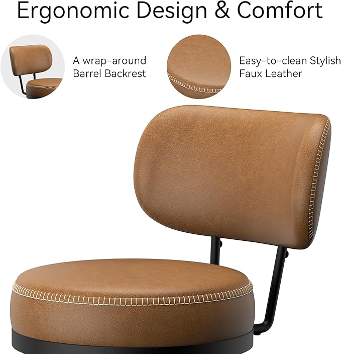 Counter Height Bar Stools, 26" H Swivel Barstools Set of 6, Faux Leather Kitchen Counter Stools with Back and Stylish Stitching, Metal Frame, Pub, Home Bar, Whisky Brown