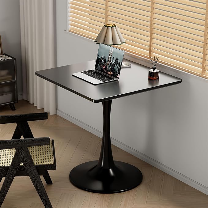 24" Black Small Dining Table for 2 or 4, Small Square Tulip Table for Kitchen, Round Corner Wood Bistro Table, Mid Century Modern Tables with Sturdy Pedestal for Living Room, Cafe, Office, Pub, Bar