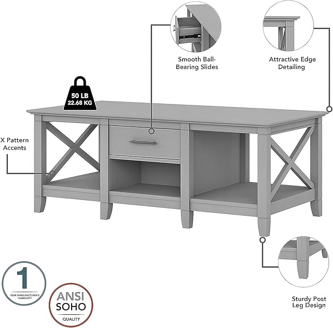 Bush Furniture Key West Coffee Table with Set of 2 End Tables in Cape Cod Gray