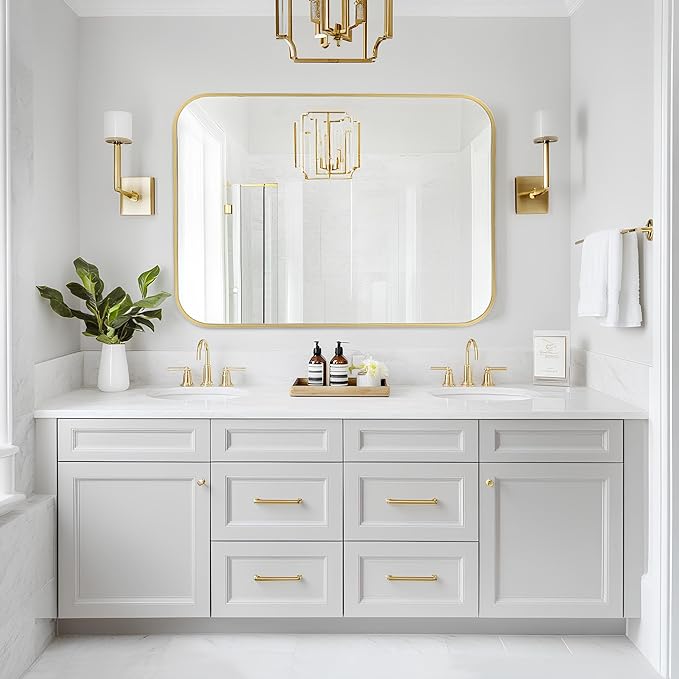 MZON 16x20 Inch Brushed Gold Vanity Mirror, Rectangle Bathroom Mirrors for Over Sink, Anti-Rust Frame & Tempered Glass, Hangs Horizontally/Vertically - Ideal for Small Bathroom or Powder Room