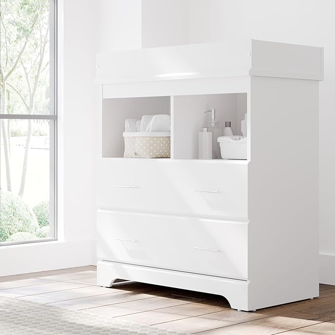 Storkcraft Brookside 2 Drawer Changing Table Dresser (White) – GREENGUARD Gold Certified, Easy-to-Match Chest of Drawers and Cubbies for Nursery and Kids Bedroom, Includes Changing Table Topper